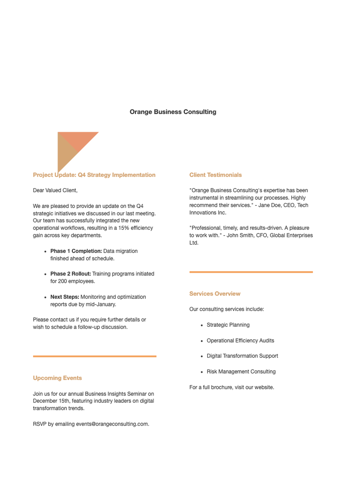 Professional business letterhead template with orange logo and footer contact details_variant_3